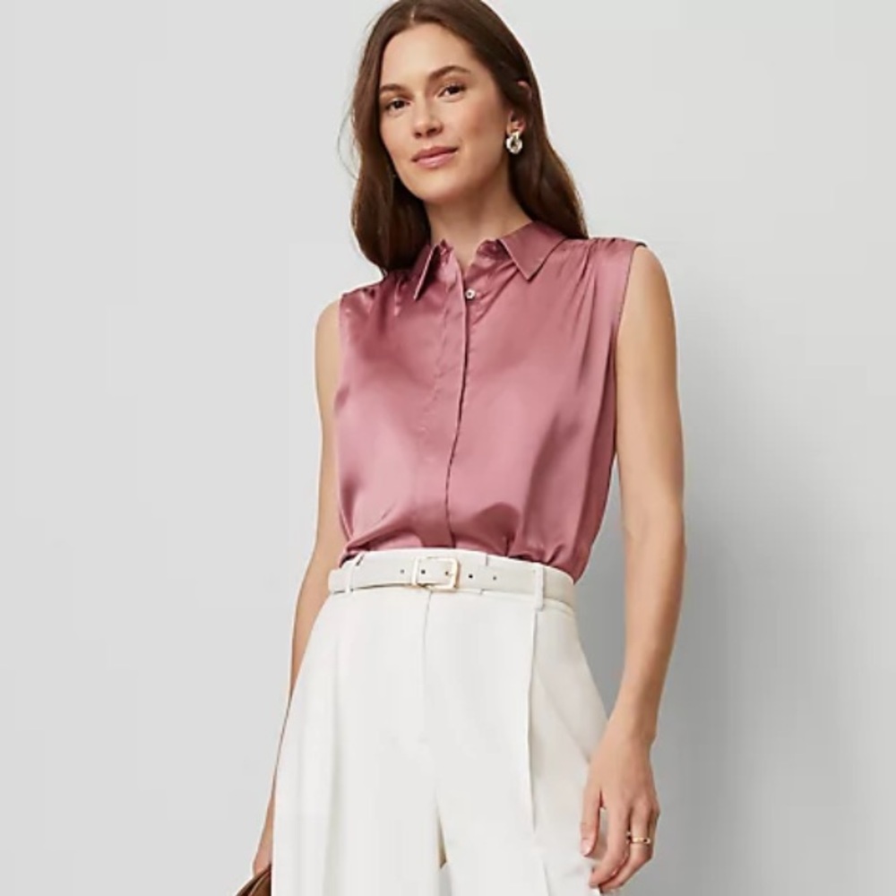 Shirred Satin Yoke Sleeveless Shirt